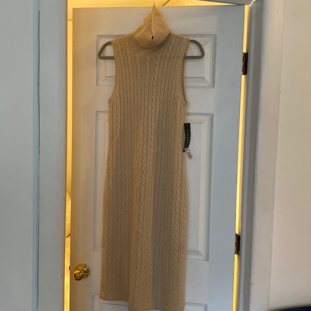 Ralph Lauren cashmere sleeveless turtleneck cable midi dress